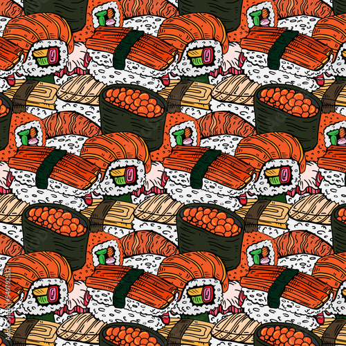 Sushi and rolls seamless pattern isolated on white background