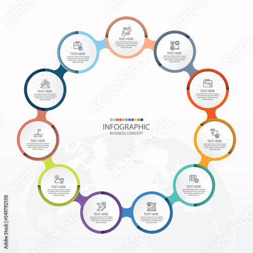 Basic circle infographic with 11 steps, process or options.