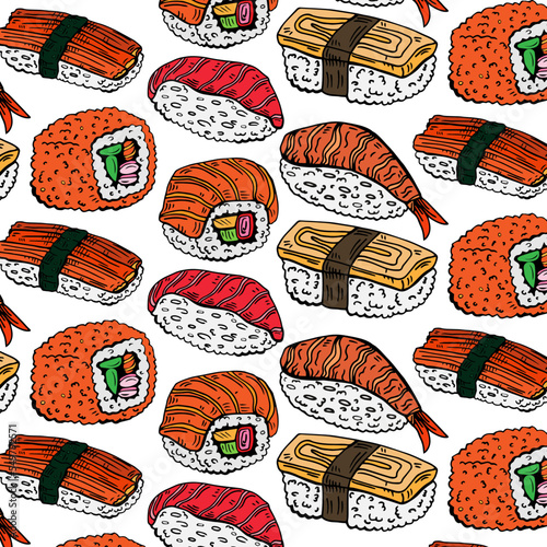 Sushi and rolls seamless pattern isolated on white background
