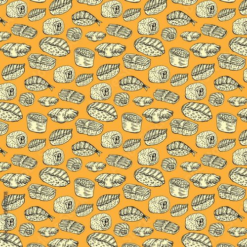 Sushi and rolls seamless pattern isolated on white background