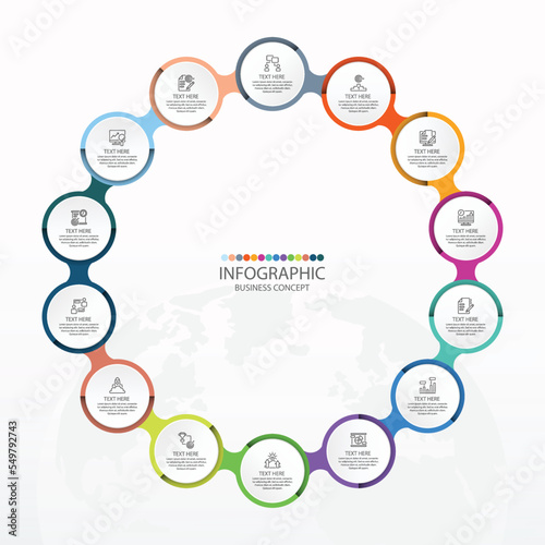 Basic circle infographic with 14 steps, process or options.