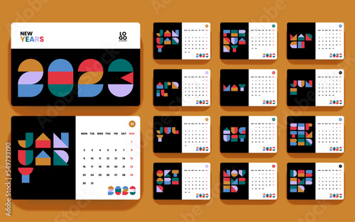 2023 Calendar template with typography, text art, and simplistic geometric shape. inspired by Bauhaus style.