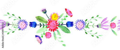 Hand drawn watercolor seamless border pattern with flowers, cornflower, daisy, leaves, branches
