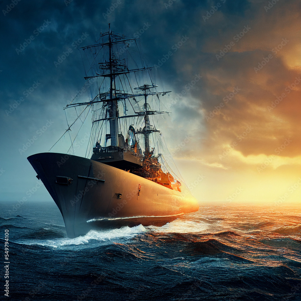 Fototapeta premium Warship in the stormy sea. 3D illustration 