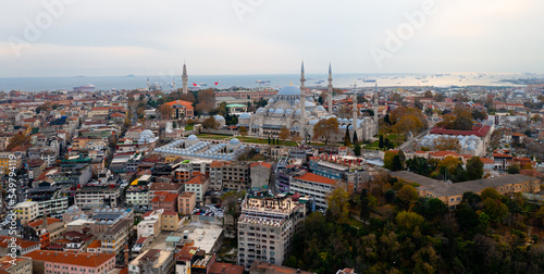 Istanbul historic centre with Galata bridge and mosques. Galata Tower. Drone view. Istanbul, Turkey