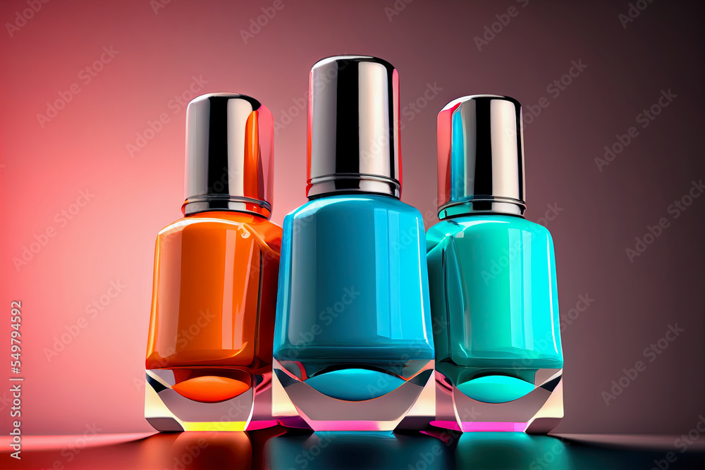three bottles of nail polish in different colors against pink background, midjourney illustration three bottles of nail polish in different colors against pink background, midjourney illustration