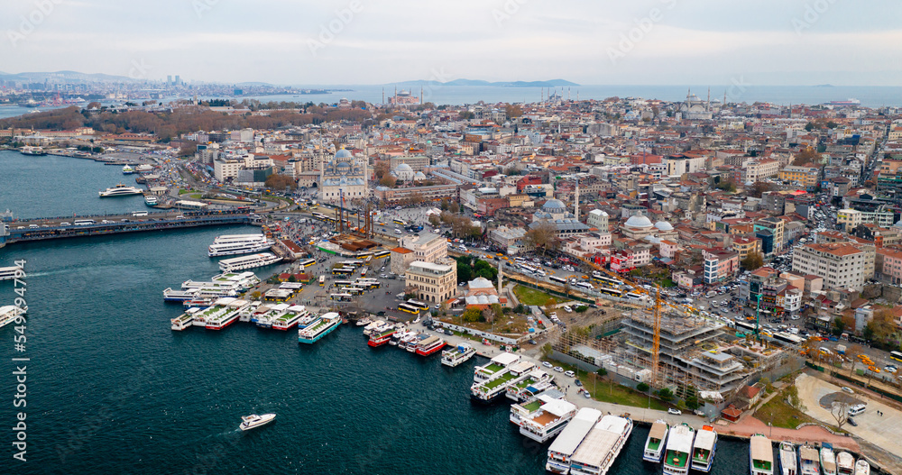 Istanbul historic centre with Galata bridge and mosques. Galata Tower.  Drone view. Istanbul, Turkey