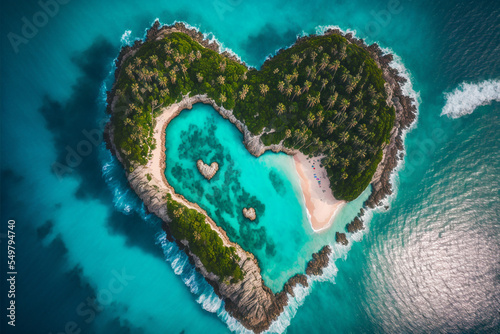 Concept art illustration of beautiful tropical island in the shape of heart
