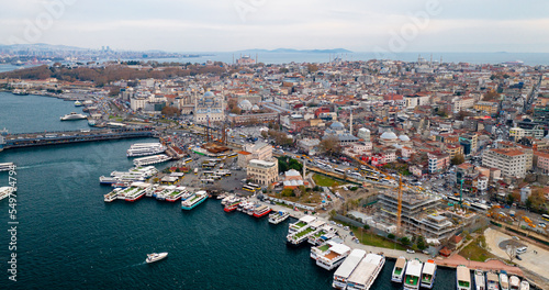 Istanbul historic centre with Galata bridge and mosques. Galata Tower.  Drone view. Istanbul, Turkey
