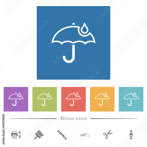 Umbrella with single raindrop outline flat white icons in square backgrounds