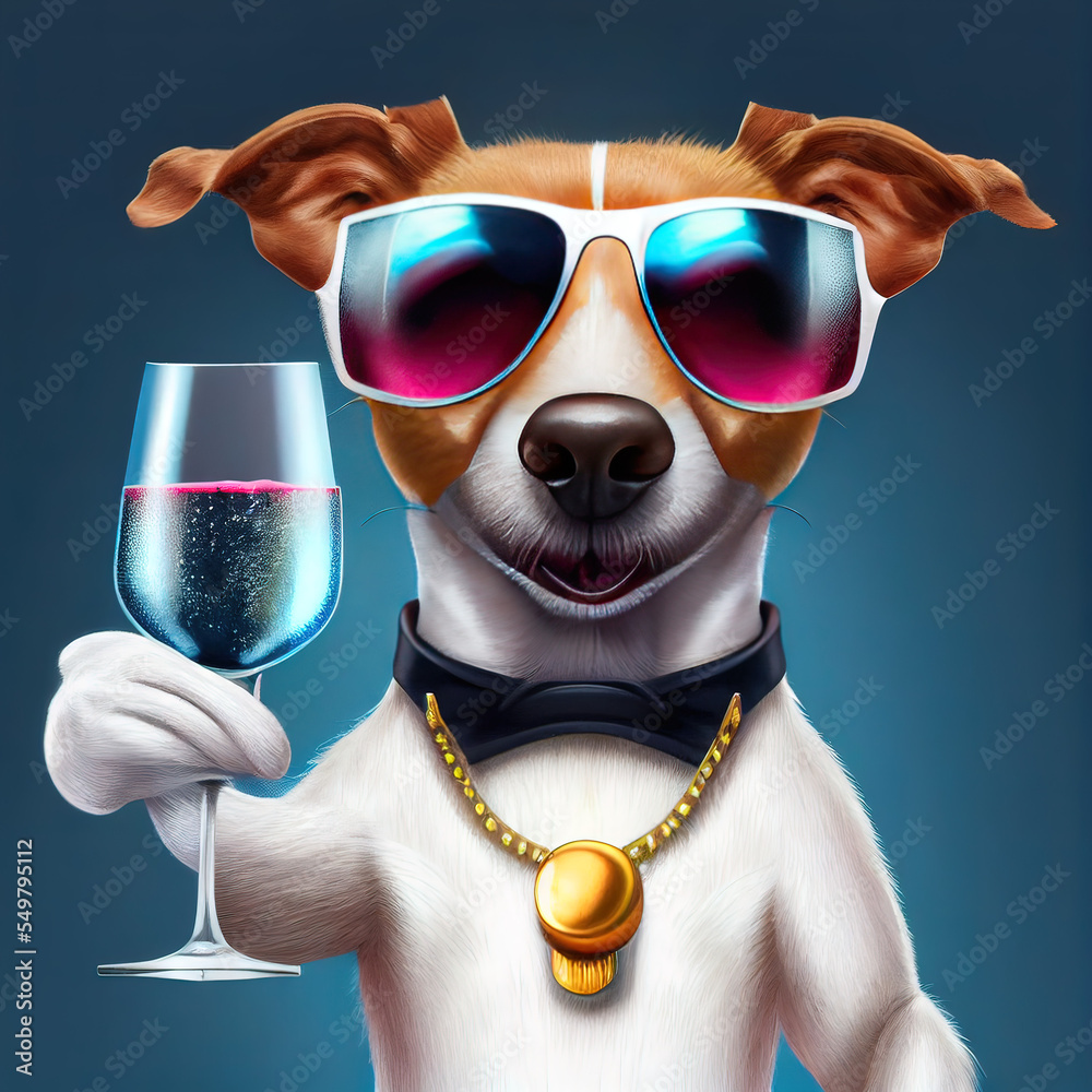 Cooler Hund mit Sonnenbrille und Sektglas in der Pfote, 3D Illustration Stock-illustration | Stock