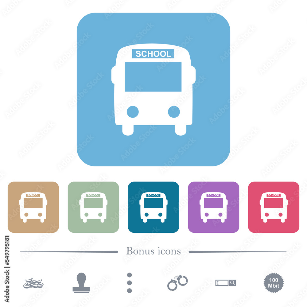 School bus with driver flat icons on color rounded square backgrounds School bus with driver flat icons on color rounded square backgrounds