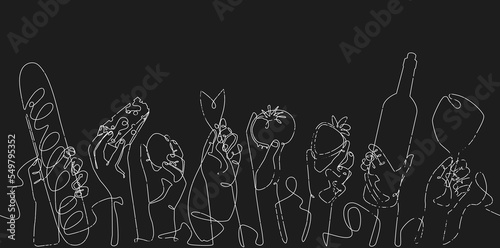 Hands holding different food.  Kitchen Illustration with space for text above it. Cooking vector poster.