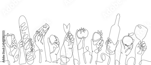 Hands holding different food. Vector background with theme of cooking. Horizontal repeating seamless pattern for kitchen. Continuous line drawn illustration with space for text above it. 