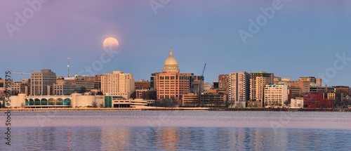 Panorama of a lunar eclipse behind the skyline of Madison, WI.  photo