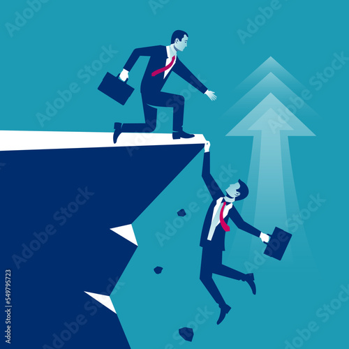 Motivation Businessman climbs up. Motivational banner. Reach the goal. Hard work. Way to success. Achievement growth. Successful people. Helping hand, teamwork. Vector illustration flat design.