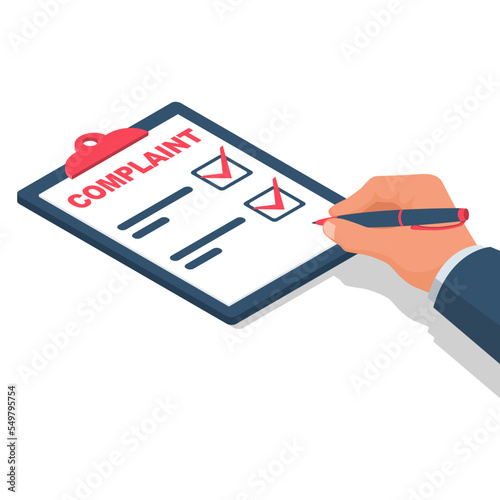 Complaint concept. The man wrote a complaint. Vector illustration isometric design. Measures to solve problems. Claim petition. Sign the document on the application.