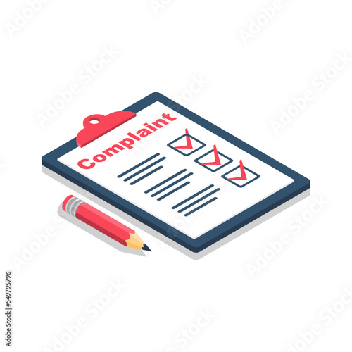 Complaint concept isometric concept. Clipboard and pencil. Vector illustration 3d design. Measures to solve problems. Claim petition. Sign the document on the application.