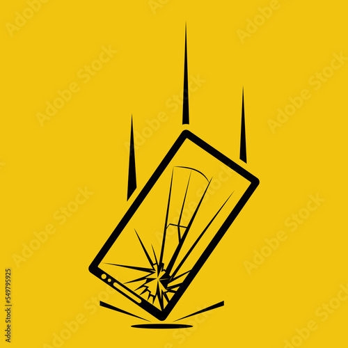 Broken phone black icon. The phone falls with hands. Falling smartphone. Mobile phone is broken. Cellphone defective. Vector illustration flat design style.