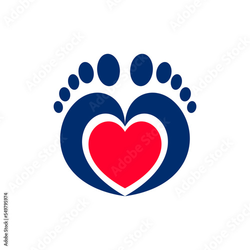 Foot care logo. Love feet emblem. Feet silhouette and red heart, symbol of care and health. Beauty salon and pedicure. Vector illustration flat design. Isolated on white background.
