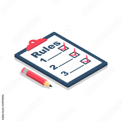 Rules concept. Clipboard with regulations. Checklist with requirements. Rule list on blank. Vector illustration isometric design. Isolated on white background.