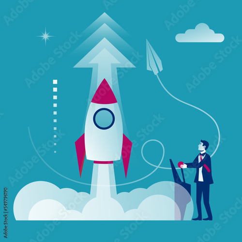 Startup working enterprise. Launch project. Business concept. Businessman hand pushing start button. Vector illustration cartoon flat design. Isolated on white background. Rocket of launch metaphor. © hvostik16