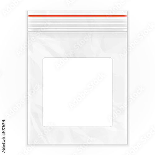 Blank Flat Poly Clear Bag Empty Plastic Polyethylene Pouch Packaging With Zipper, Ziplock. Illustration Isolated On White Background. Mock Up Template. Ready For Your Design. Vector EPS10 photo