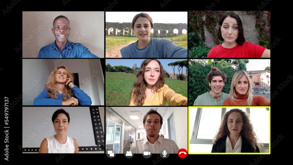 app, communication - friends talk in video chat connected from different places