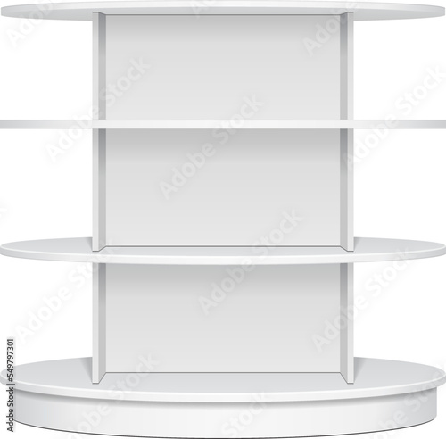 Mockup Display Rack Showcase For Supermarket. Circle, Round, Ellipse Retail Shelves. Front View. Illustration Isolated On White Background Mock Up Template Ready For Your Design. Product Advertising.