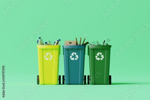 Waste bins for segregation. Wastepaper basket in different colors for the sorting of paper, glass, plastic. Recycling concept, taking care of the environment. 3d rendering, 3d illustration.