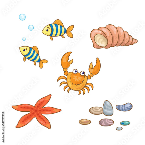 Set of sea objects. Funny crab, little fish, sink, starfish and colorful pebbles. In cartoon style. Isolated on white background. Vector illustration