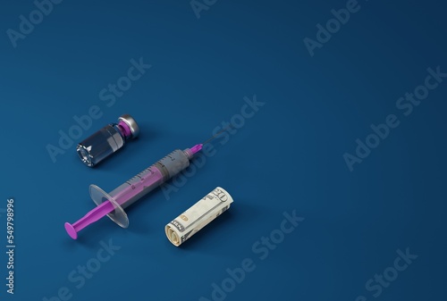 A syringe, a COVID vaccine and a rolled up banknote. Health and medical care concept, taking covid vaccine, making money from coronavirus. 3D render; 3D illustration.
