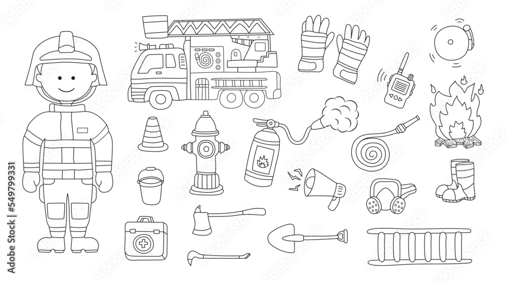 Hand drawn kids drawing vector illustration set of fireman firefighter supplies and equipment with firetruck in doodle style Hand drawn kids drawing vector illustration set of fireman firefighter supplies and equipment with firetruck in doodle style