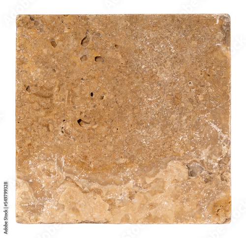 Natural travertine tile isolated on white. Scabos travertine. Ready for clipping path. photo