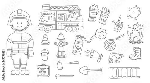 Hand drawn kids drawing vector illustration set of fireman firefighter supplies and equipment with firetruck in doodle style