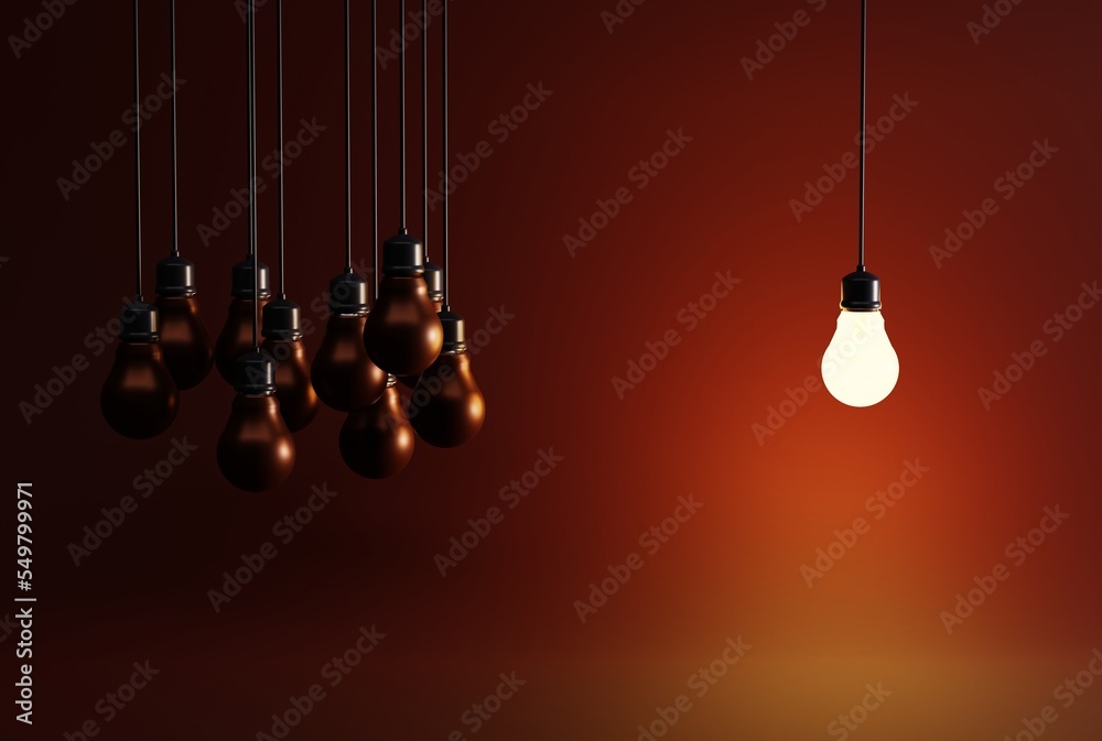 One light bulb on the background of many extinguished light bulbs. Business concept, idea discovery, idea. Brainstorming, and teamwork. 3D render, 3D illustration.