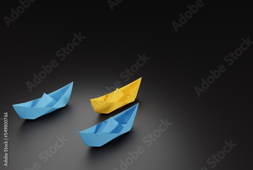 Paper ships sailing in one direction. The concept of business, racing, achieving the goal. Following one chosen direction in life. 3D render, 3D illustration.