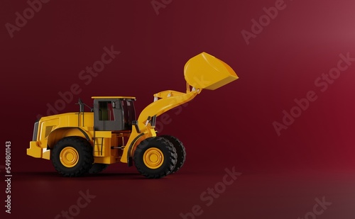 Big charger on a dark background. Industrial concept, using loaders, bulldozers for industrial work. 3D render, 3D illustration. photo