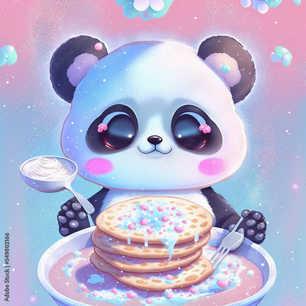 adorable cute kawaii panda having pancake breakfast, Christmas