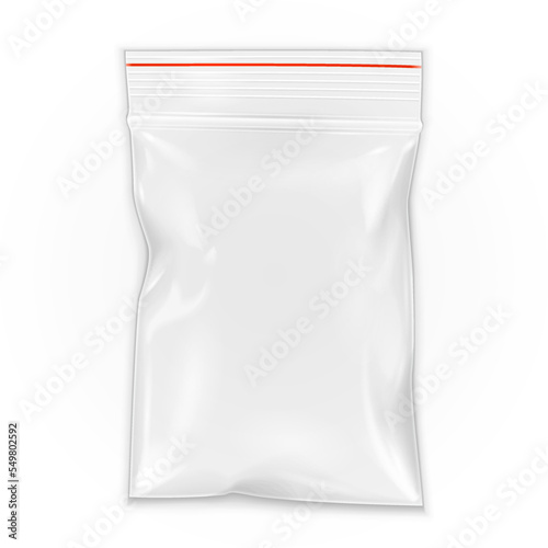 Mockup Blank Flat Poly Clear Bag Filled Plastic Polyethylene Pouch Packaging With Zipper, Ziplock. Illustration Isolated On White Background. Mock Up Template. Ready For Your Design. Vector EPS10