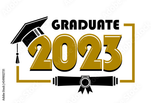 2023 class graduate - mission complete. The concept of decorate congratulation for school graduates. Design for t-shirt, flyer, invitation, greeting card. Illustration, vector