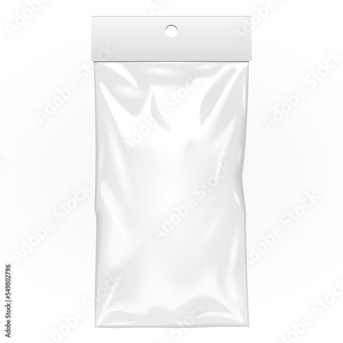 Mockup Blank Plastic Pocket Bag. Transparent. With Hang Slot. Illustration Isolated On White Background. Mock Up Template Ready For Your Design. Vector EPS10
