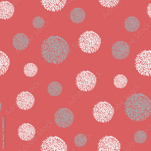 Vector white silver white and grey pompoms chaotic irregular, boho style seamless contrasting repeating pattern perfect for fabric, textile projects, paper projects, winter vector pattern. Pink pastel
