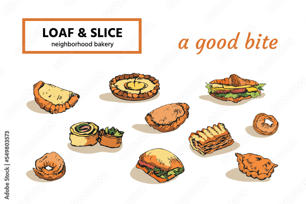 Colored hand drawn ink sketch of baked items