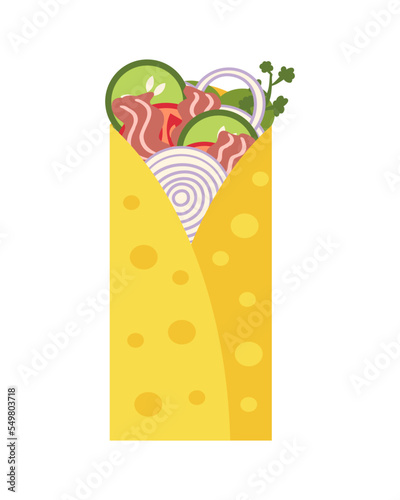 Pork Carnitas mexican fastfood burrito in flat style. Perfect for tee, stickers, menu and stationery. Isolated vector illustration for decor and design.