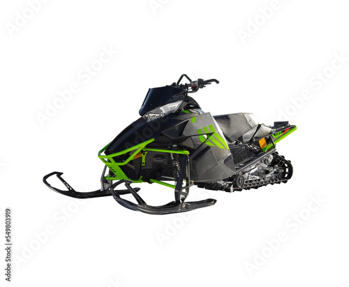 Black and green snowmobile isolated over white background