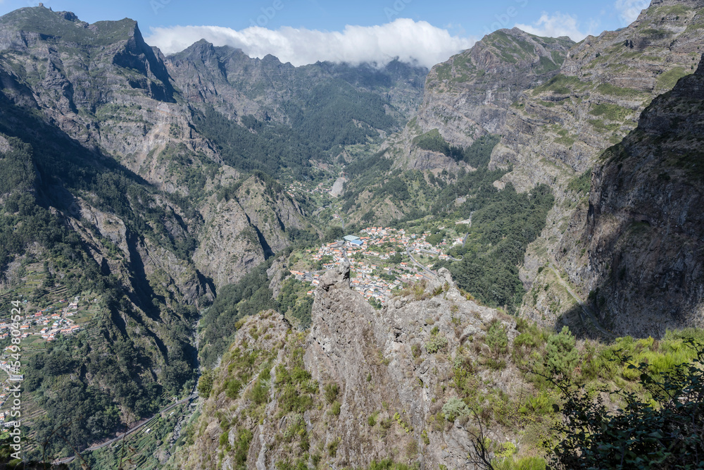 aerial with green valley and Curral das Freiras mountain village, Madeira