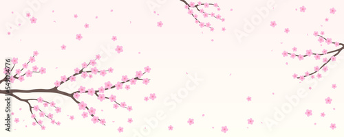 Traditional Asian background with plum blossoms, flowers, tree branches in bloom. Oriental, eastern style vector illustration. Design concept for spring, Lunar New Year promotion, sale, advertising.