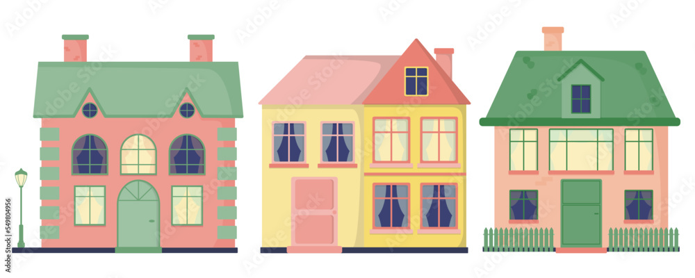 A set of houses with windows, tiles, chimneys. Street lamp. Fence. Color flat vector illustration isolated on a white background.