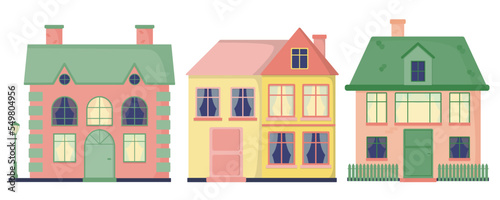 A set of houses with windows, tiles, chimneys. Street lamp. Fence. Color flat vector illustration isolated on a white background.